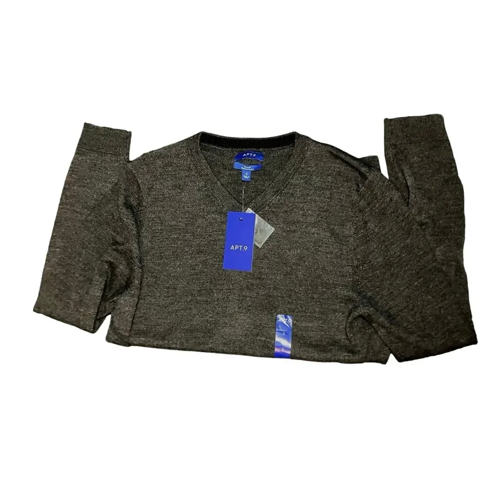 Apt. 9 Men's Dark Char Heather Slim Fit Merino Wool Blend V-Neck Sweater S NWT